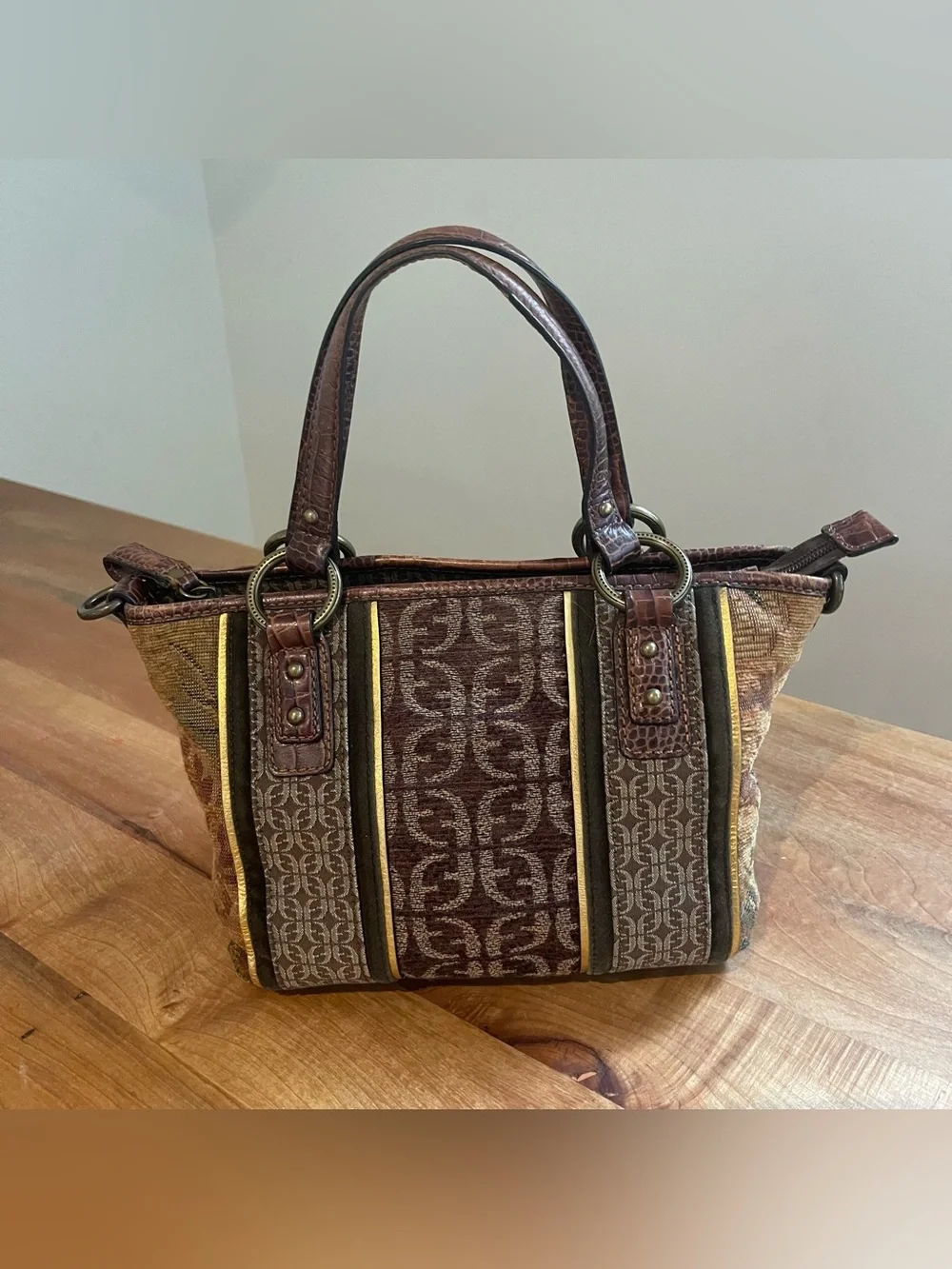 Vintage 90s Fossil Tapestry Leather Satchel Bag Purse Boho Brown Patchwork